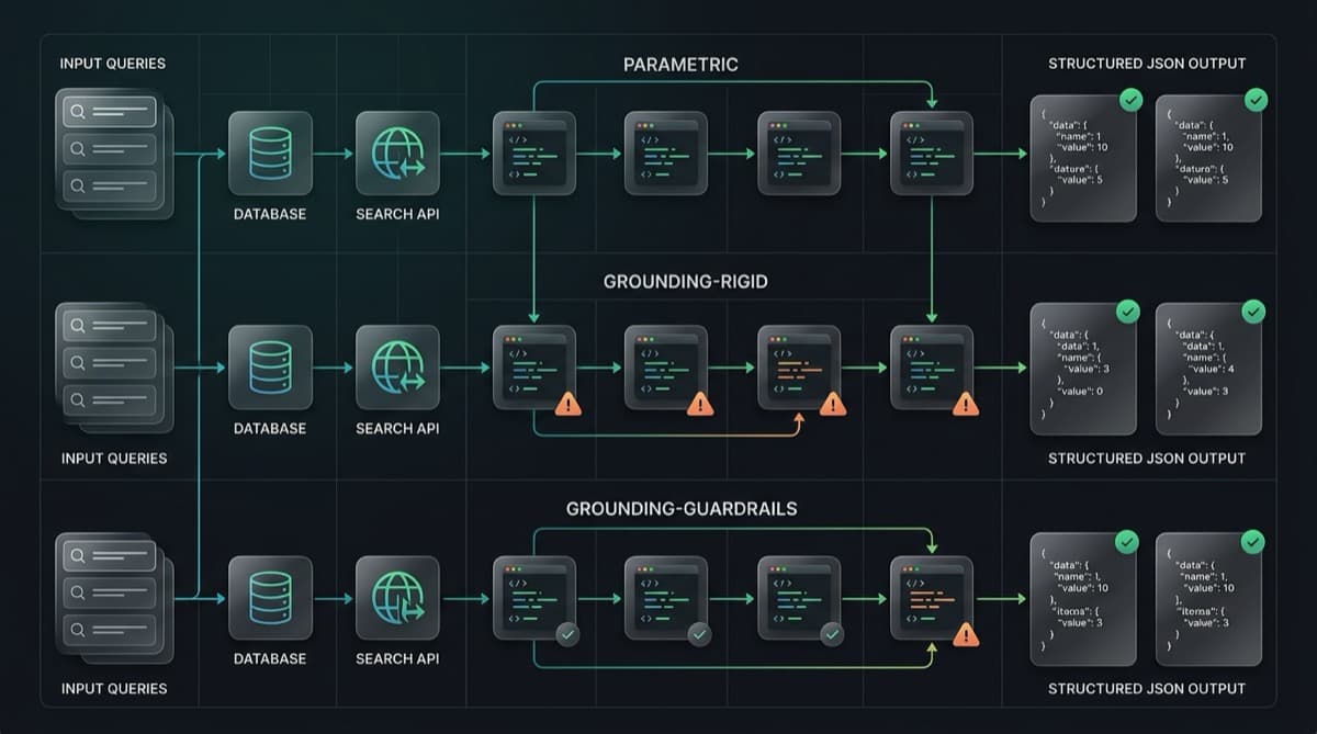 Search Grounding Benchmark evaluation harness architecture and automated test flow diagram