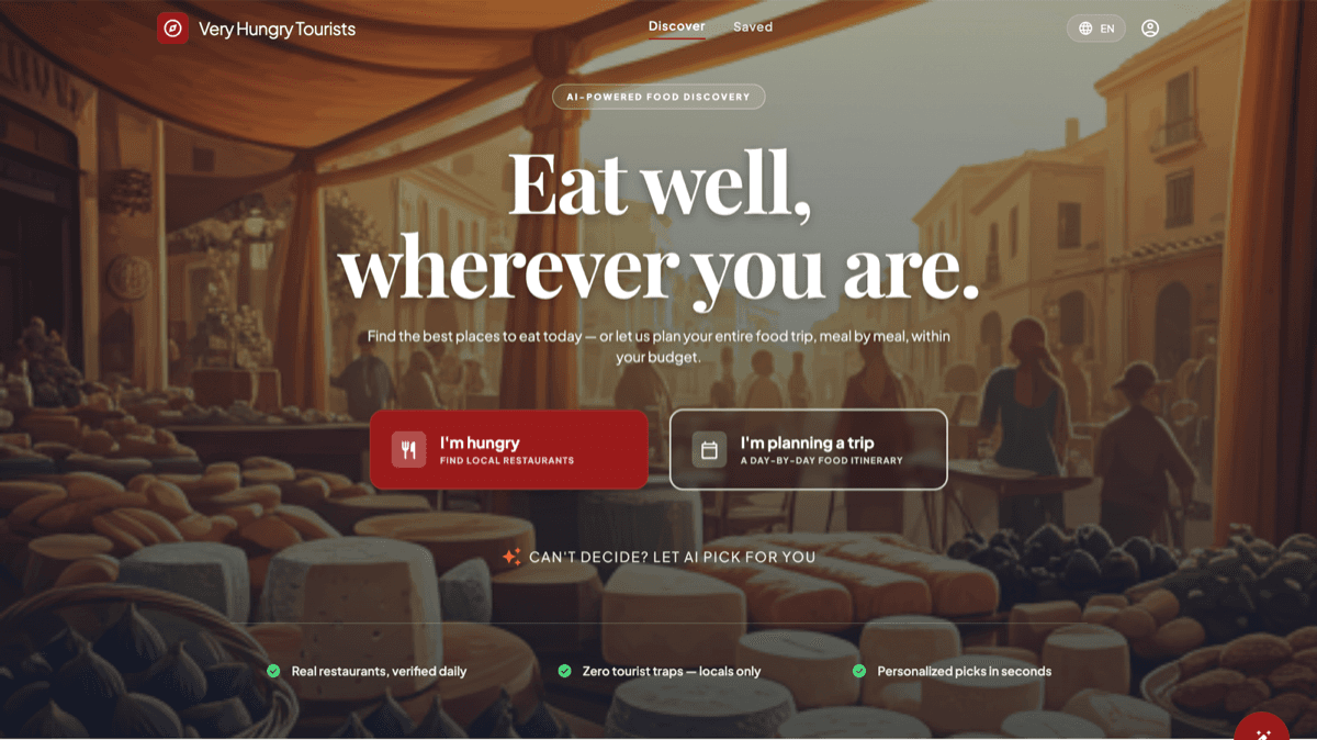 Very Hungry Tourists web application interface displaying food recommendations and grounded travel itineraries
