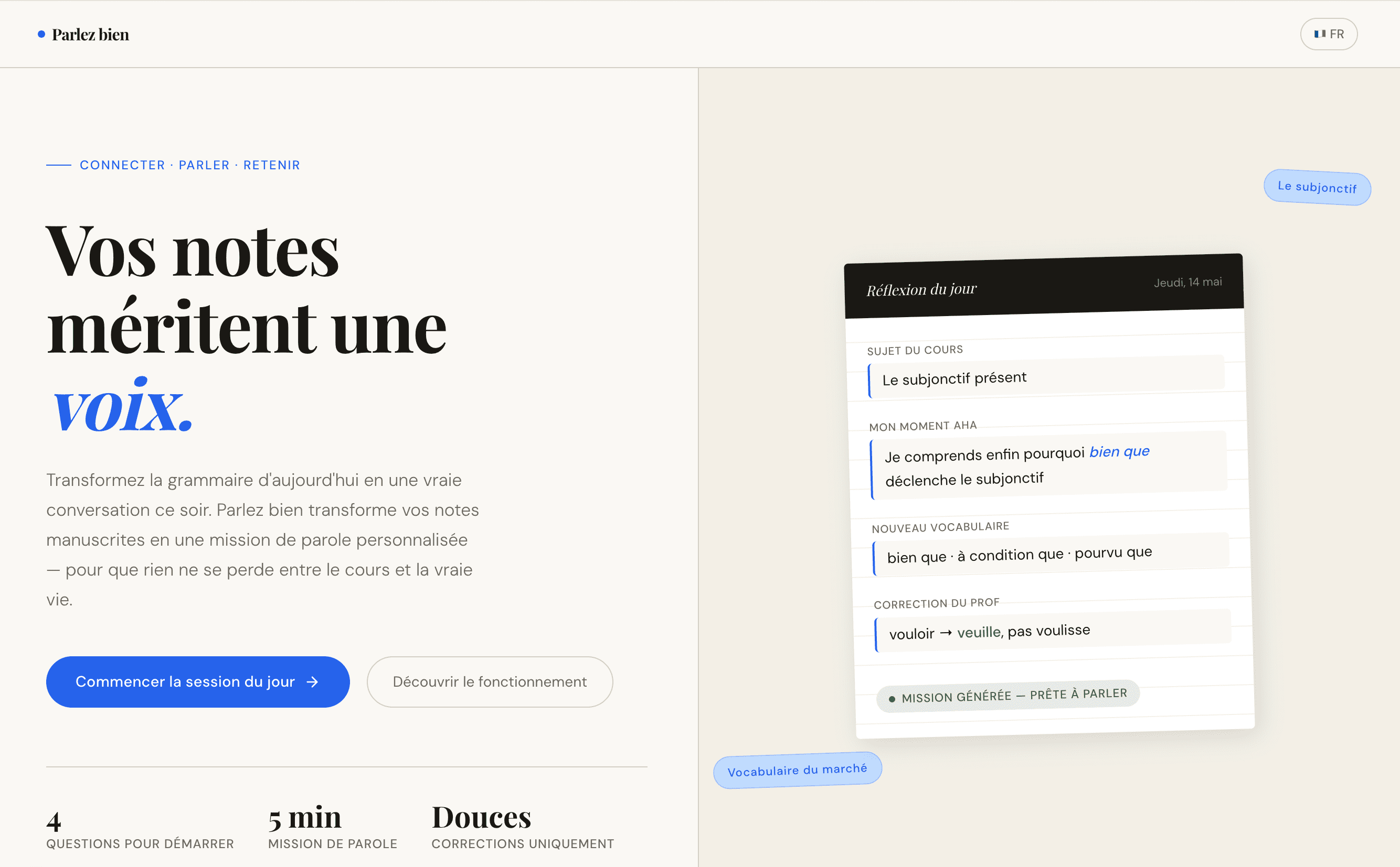 Parlez Bien app dashboard showing interactive AI language learning scenarios and student progress notes